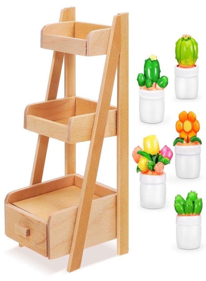 JOINPAYA 1 Set Miniature Plants Set with Stand: 4.32X2.28X2.16in Mini Plant Shelf Kit Mini Potted Flower Model Tiny Fake Greenery Ornament Dollhouse Furniture for Christmas - Image 1